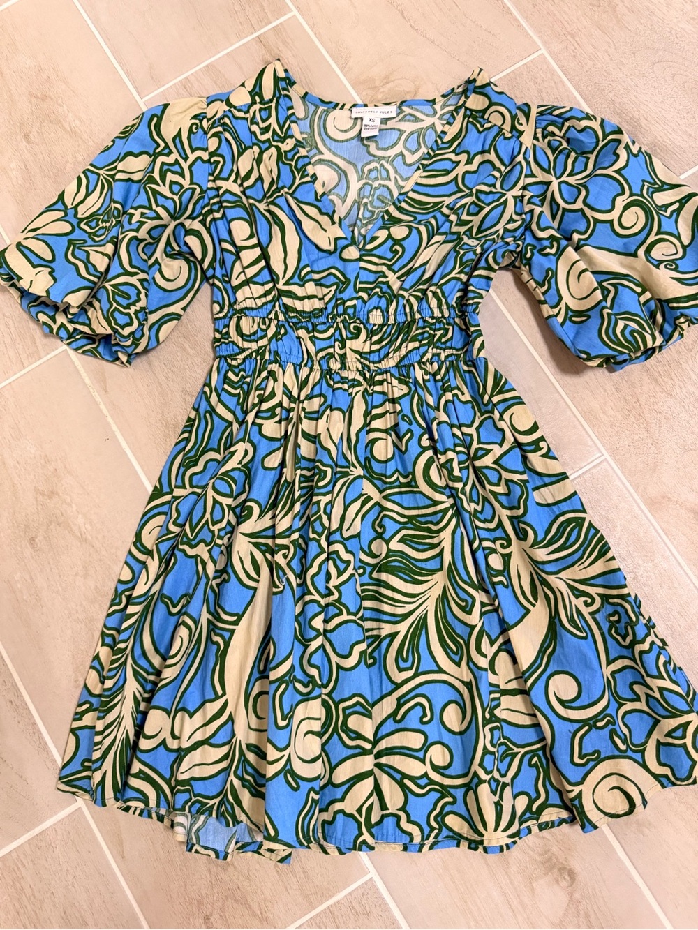 Sincerely Jules Blue & Cream Floral V-Neck Smocked-Waist Dress
